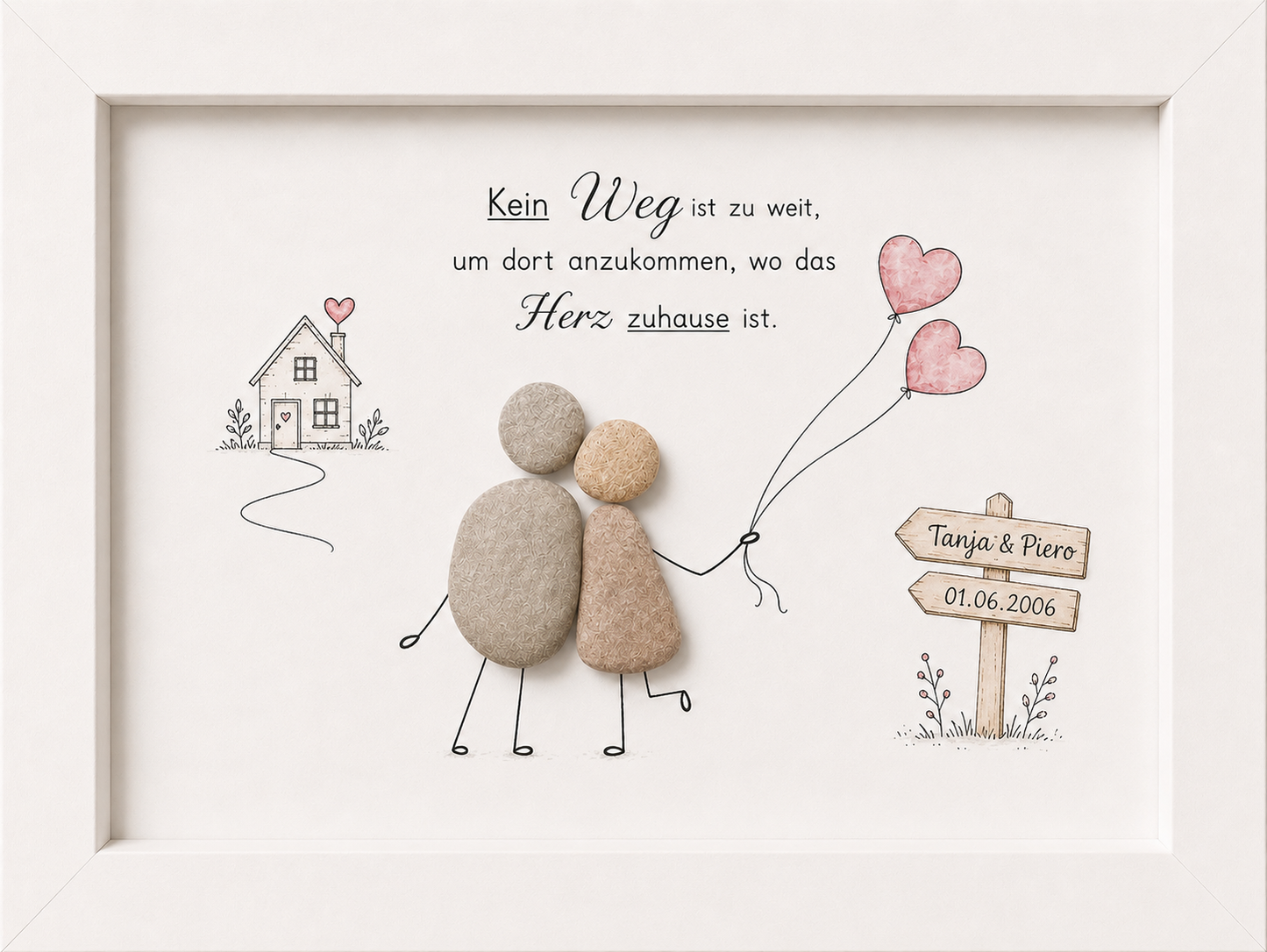 Kieselsteinbild Kein Weg ist zu weit wo das Herz zuhause ist – Geschenk zum Einzug personalisiert, handgemachtes Steinbild