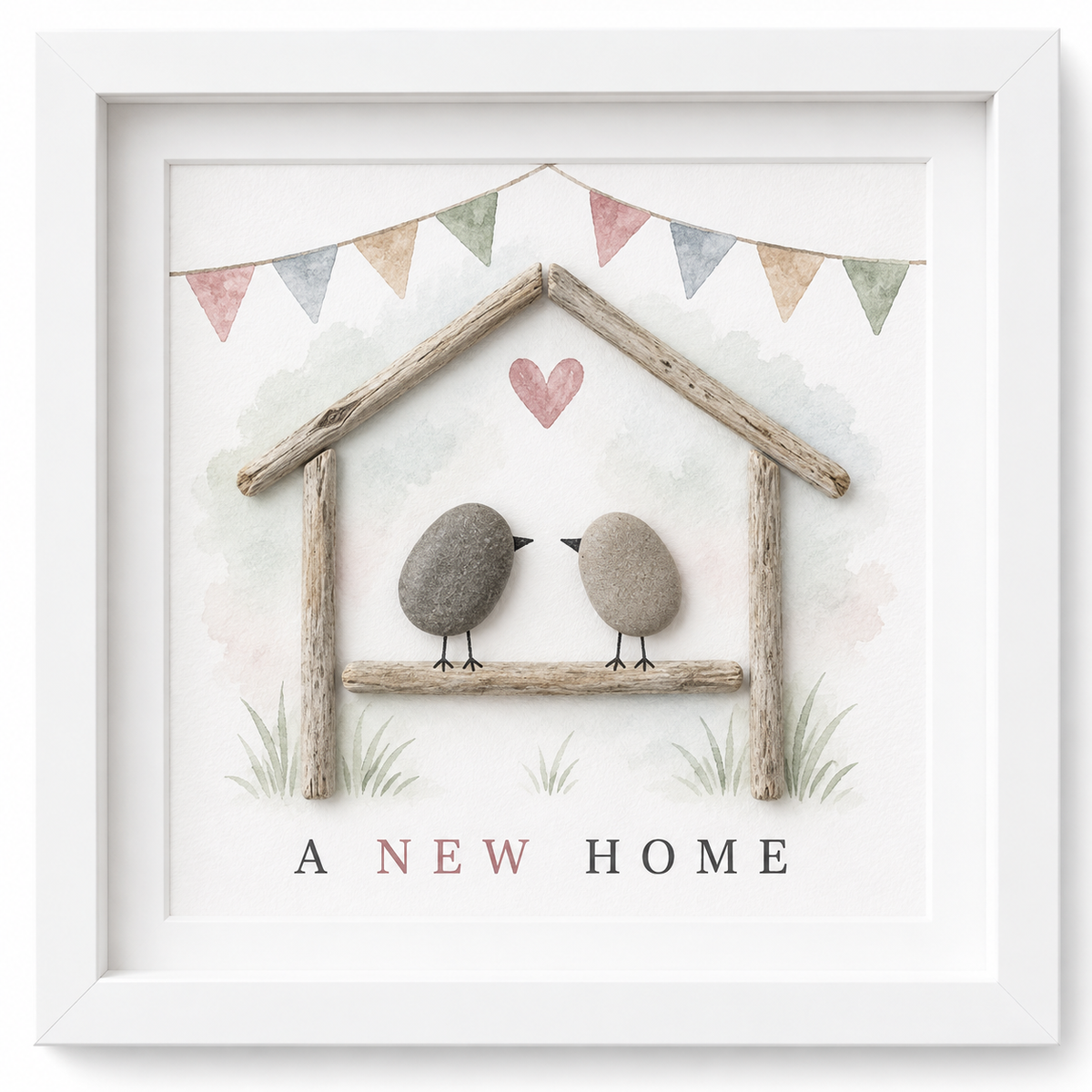 Kieselsteinbild A New Home mit Vogelpaar – Einzugsgeschenk, handgemachtes Steinbild
