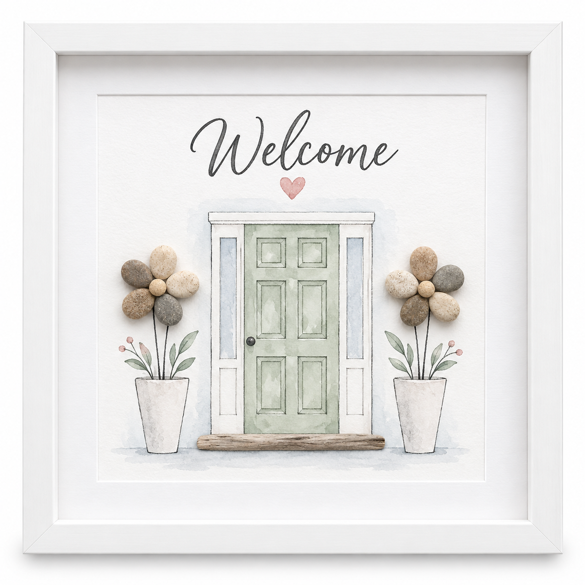 Kieselsteinbild Welcome mit Haustür-Motiv – Einzugsgeschenk, handgemachtes Steinbild