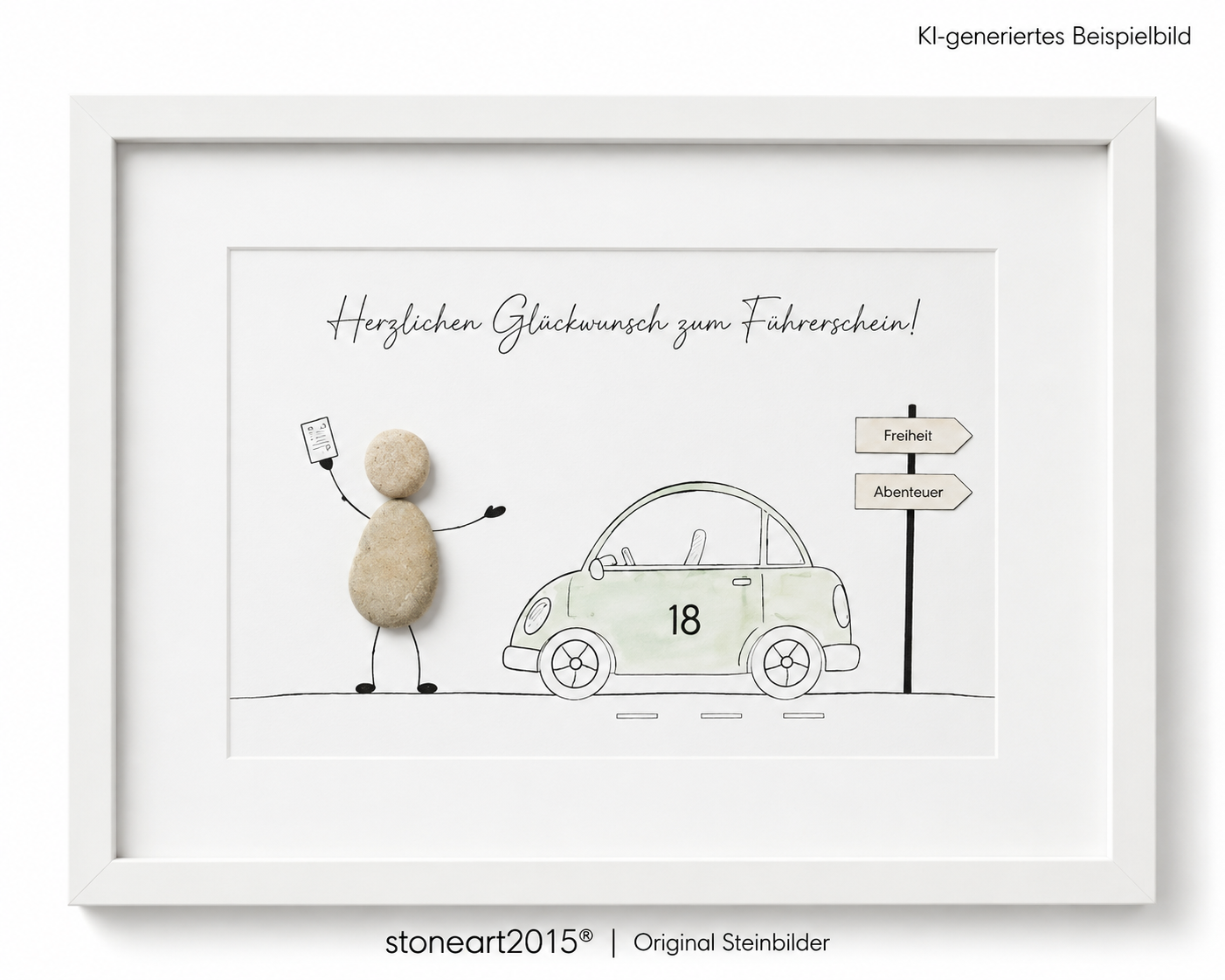 Kieselsteinbild Herzlichen Glückwunsch Auto mit 18 – Geschenk zum Führerschein, handgemachtes Steinbild