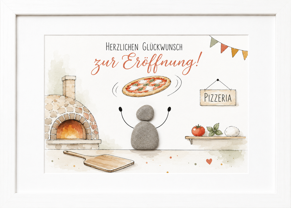 Kieselsteinbild Herzlichen Glückwunsch zur Eröffnung Pizzeria – Geschenk zur Geschäftseröffnung, handgemachtes Steinbild