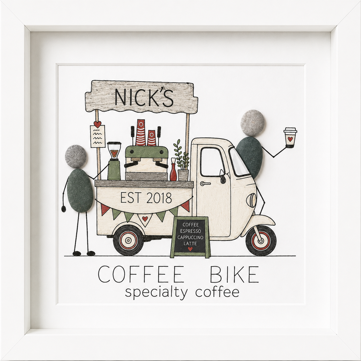 Kieselsteinbild Coffee Bike specialty coffee – personalisierbares Geschenk zur Eröffnung, handgemachtes Steinbild