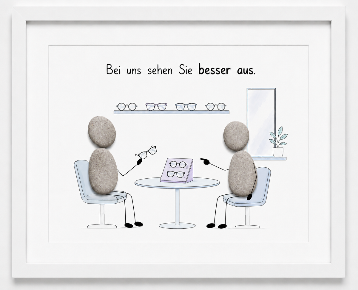 Kieselsteinbild Bei uns sehen Sie besser aus – Geschäftseröffnung Optiker, handgemachtes Steinbild