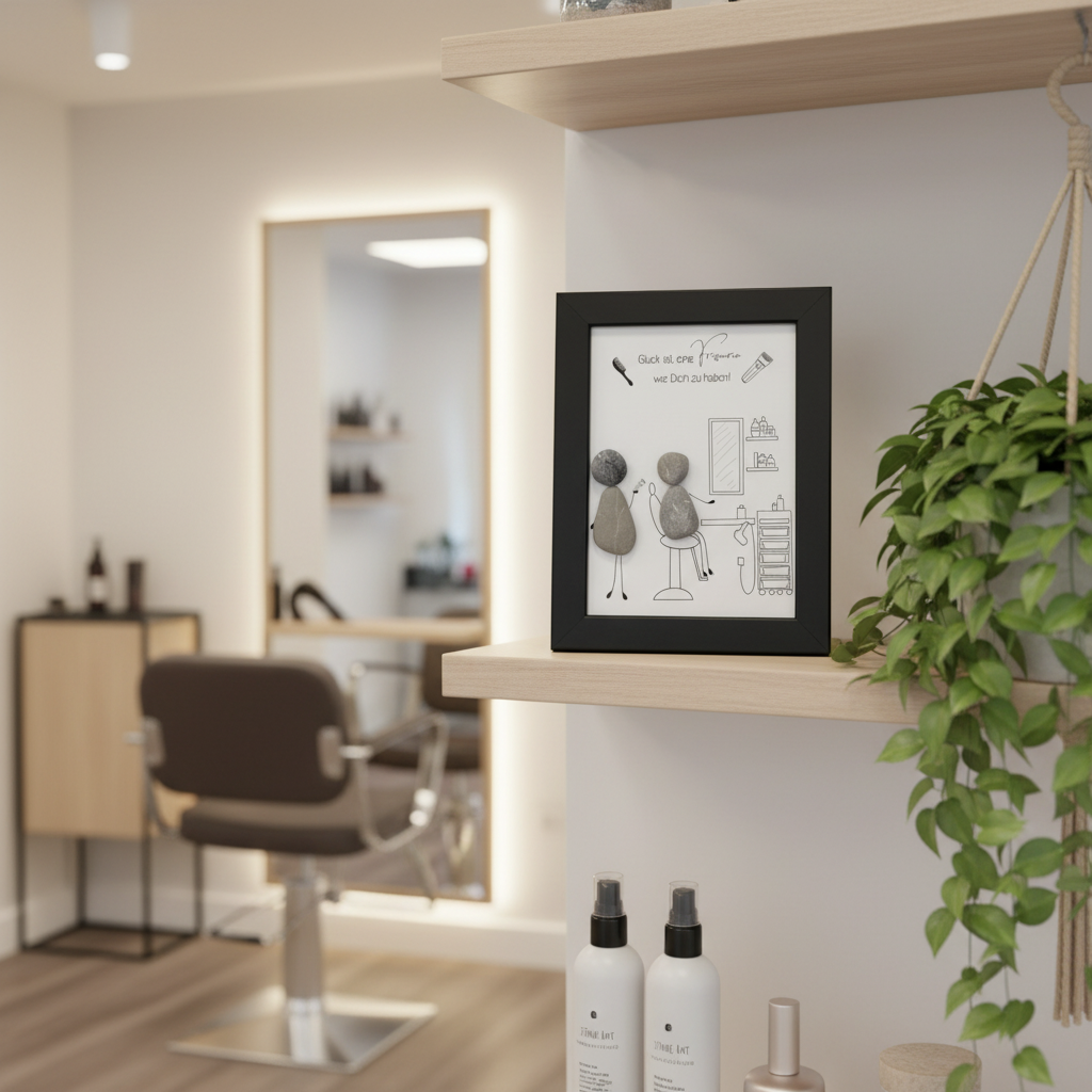 Steinbild Friseurin gerahmt im Salon – handgemachtes Dankeschön-Geschenk für Friseurin