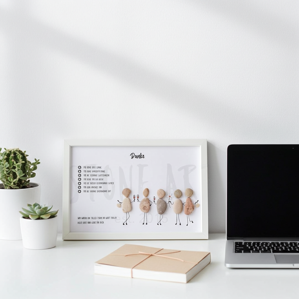 Steinbild Abschied Kollegin gerahmt im Büro – handgemachtes Abschiedsgeschenk mit Geldidee