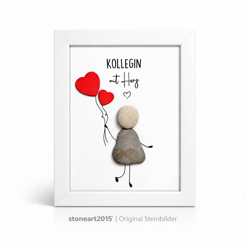 Kieselsteinbild Kollegin mit Herz – Geschenk zum Abschied oder Danke, handgemachtes Steinbild