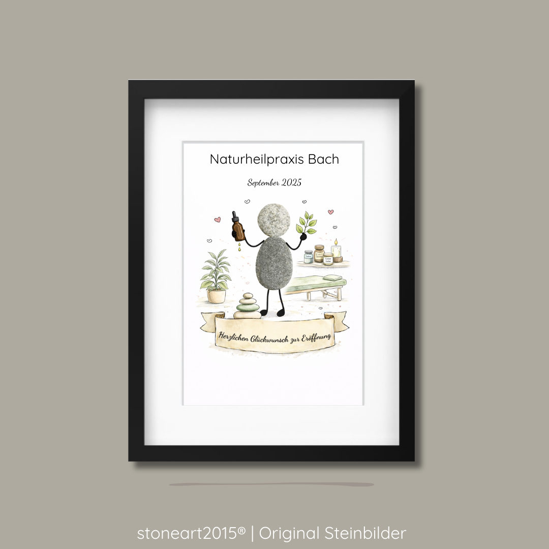 Handgemachtes Steinbild aus Naturkieseln als Geschenk zur Praxiseröffnung einer Naturheilpraxis oder für Heilpraktiker.