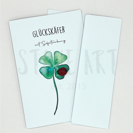 KAR10-Steinkarte_Glueckskaefer_mit_Sofortwirkung. Glücksbringer, Glückwunschkarte, Prüfungskarte