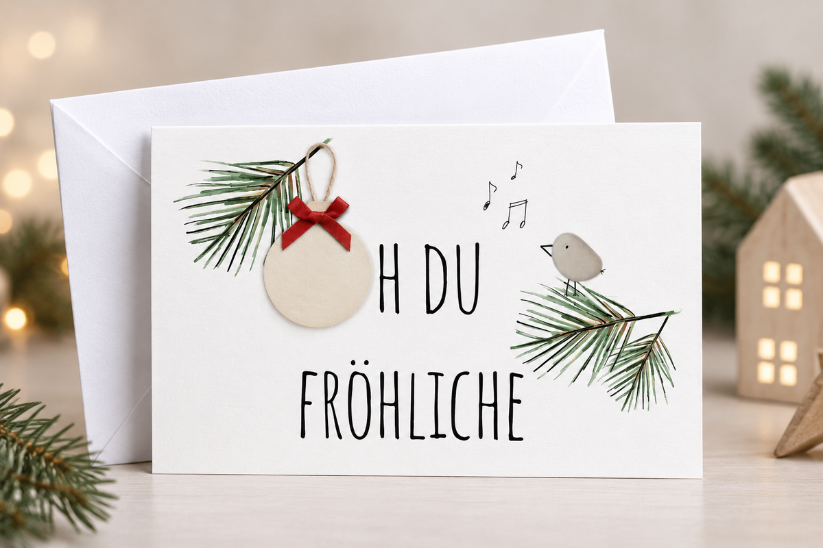 Weihnachtskarte „Oh du fröhliche" – Kieselstein-Vogel auf Tannenzweig