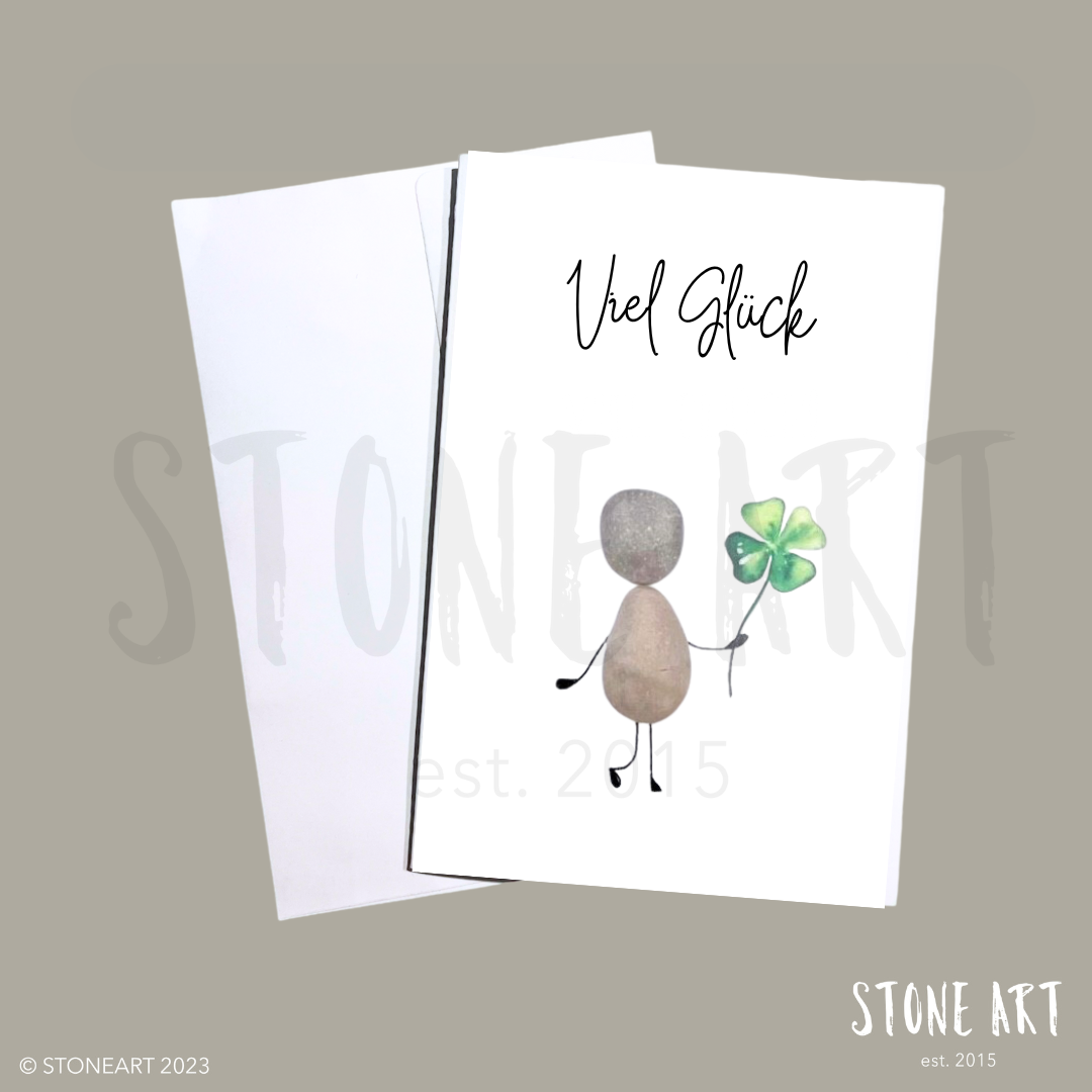 Handgemachte Karte mit Mini-Steinbild und dem Wunsch „Viel Glück“ – liebevoller Glücksbringer mit Umschlag, ideal als kleines Geschenk.