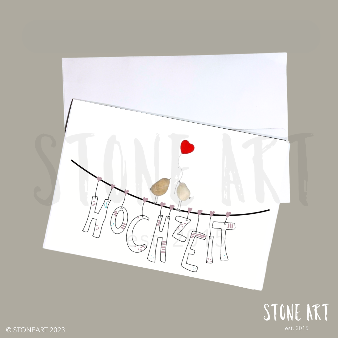 Steinkarte zur Hochzeit. Minikieselsteinbild mit Umschlag