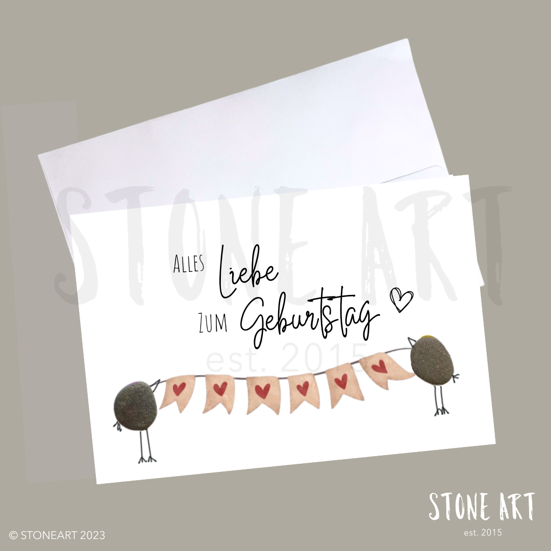 Geburtstagskarte mit Mini‑Steinbild und Spruch Alles Liebe zum Geburtstag – handgemacht mit Umschlag