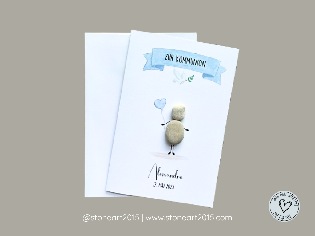 Personalisierte Stein-Karte zur Kommunion in Blau für Jungen, individuell gestaltetes Andenken für Kommunion, Konfirmation, Firmung, Jugendweihe oder Taufe