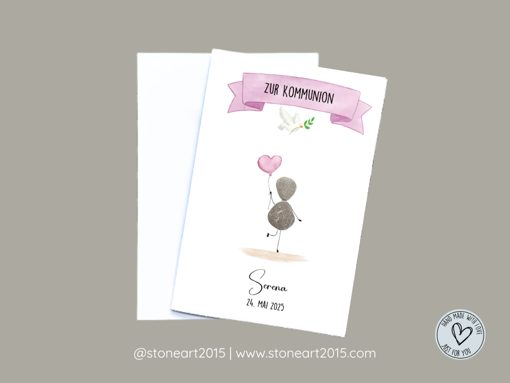 Personalisierte Stein-Karte zur Kommunion in Rosa für Mädchen, individuelles Erinnerungsstück für Kommunion, Konfirmation, Firmung, Jugendweihe oder Taufe