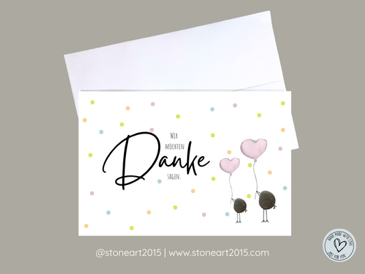 Handgemachte Karte mit Mini-Steinbild und dem Spruch „Wir möchten Danke sagen“ – liebevolles Team-Geschenk oder Danksagungskarte zur Hochzeit mit Umschlag.