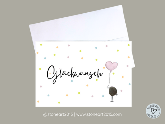 Handgemachte Geburtstagskarte mit Mini‑Steinbild und Konfetti-Design, Spruch Glückwunsch, inkl. Umschlag