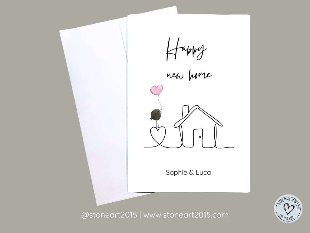 Handgemachte Karte Happy New Home mit Mini‑Steinbild und Umschlag – Einzugsgeschenk