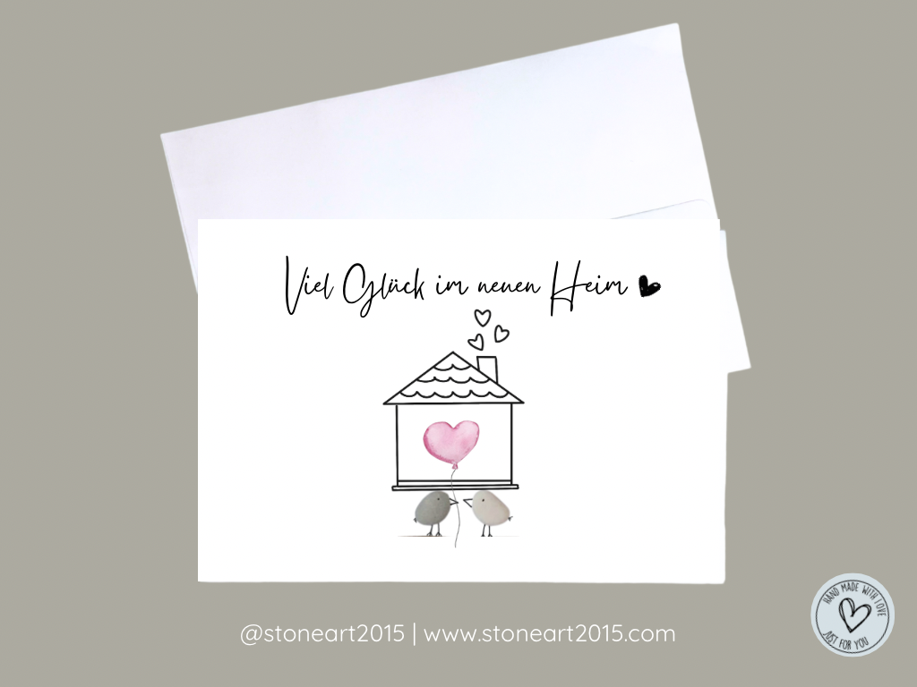 Handgemachte Karte mit Text Viel Glück im neuen Heim und Mini‑Steinbild – Geschenk zum Einzug mit Umschlag