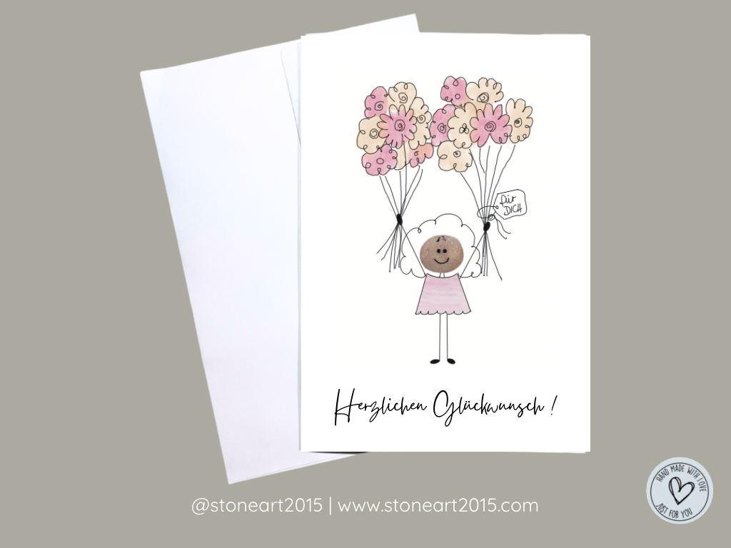Handgemachte Glückwunschkarte mit Mini-Steinbild und Text Herzlichen Glückwunsch – inkl. Umschlag