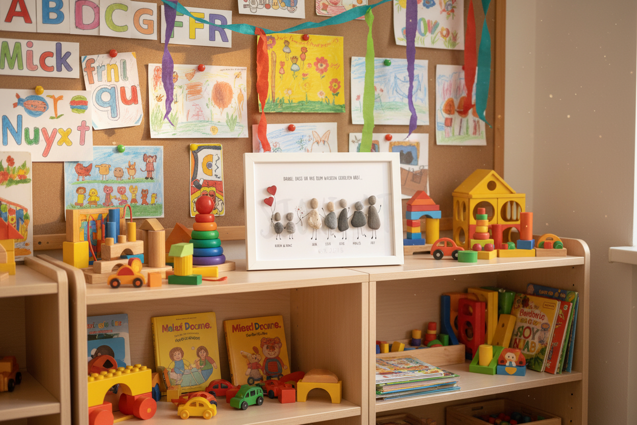 Steinbild Beste Erzieherin gerahmt im Wohnzimmer – handgemachtes Abschiedsgeschenk Kita