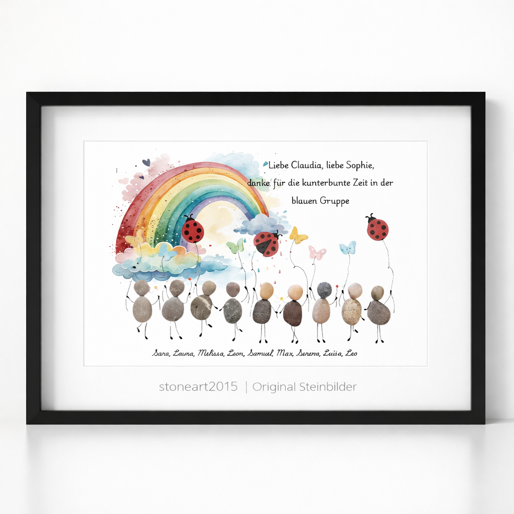 Personalisiertes Abschiedsgeschenk für Erzieherin – handgemachtes Steinbild mit Rahmen und Dankeschön-Botschaft aus Naturmaterialien