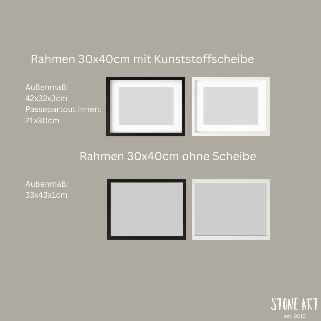 Übersicht der verfügbaren Bilderrahmen für das Steinbild in verschiedenen Farben und Größen.