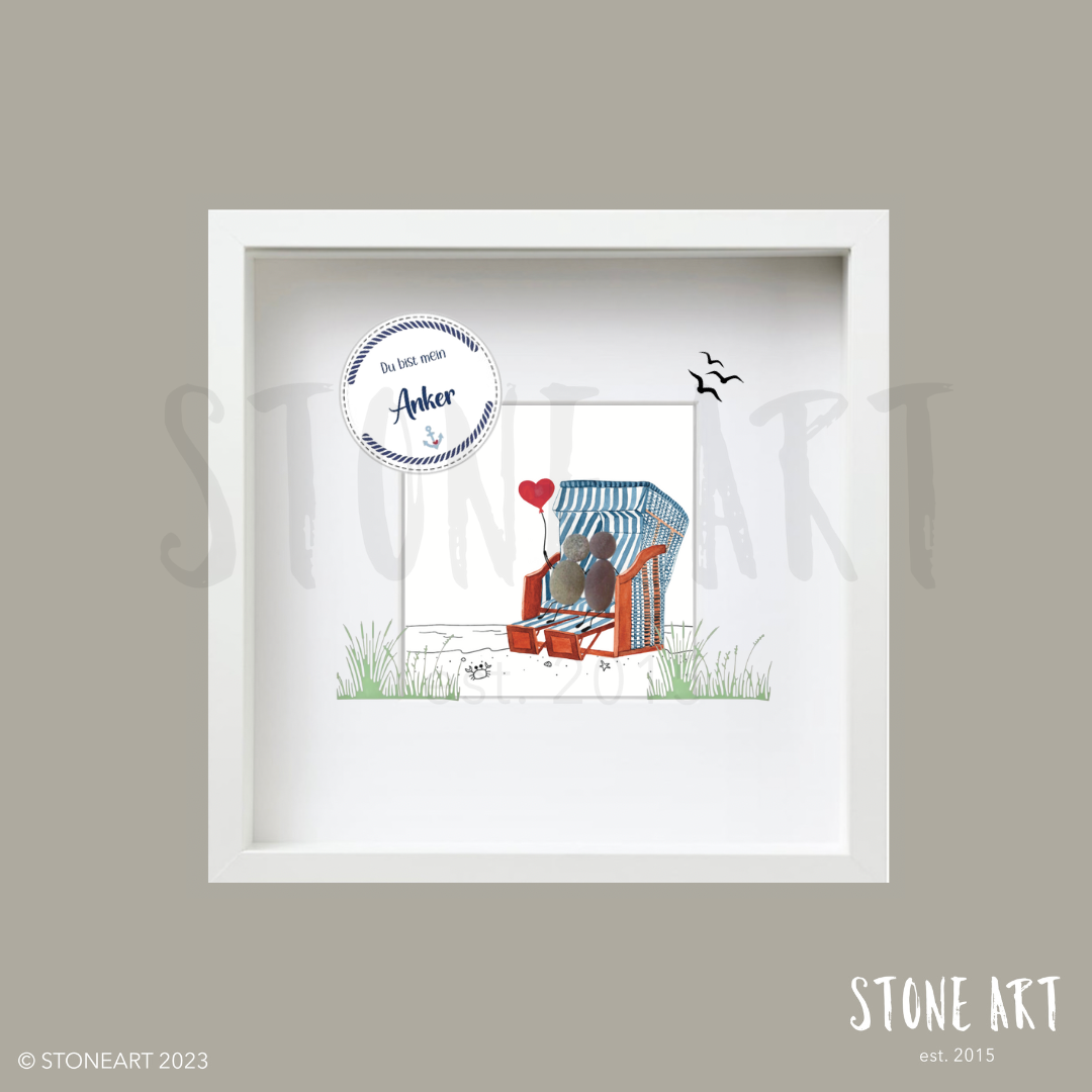 Handgefertigtes Steinbild mit maritimem Motiv, Strandkorb und Spruch „Du bist mein Anker“ – liebevolles Geschenk für Menschen, die Halt geben.