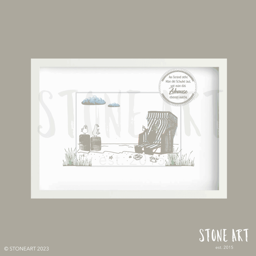 Handgemachtes maritimes Steinbild mit Strandkorb und Meer von Stoneart2015, verziert mit Natursteinen und einem individuellen Spruch. Perfekte Wanddeko für Nordsee- und Ostsee-Liebhaber.