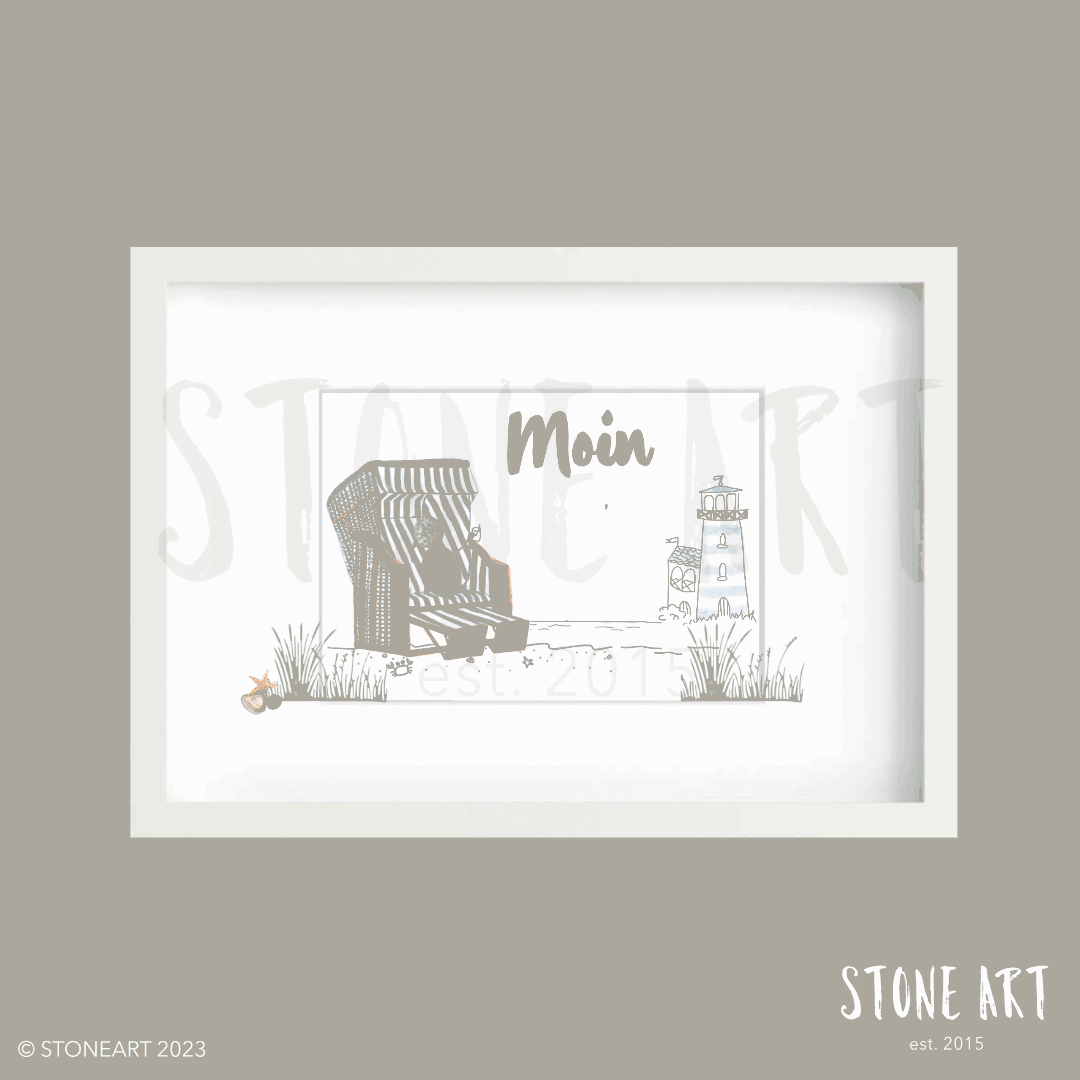 Handgemachtes maritimes Steinbild mit Strandkorb und Meer von Stoneart2015, verziert mit Natursteinen und einem individuellen Spruch. Perfekte Wanddeko für Nordsee- und Ostsee-Liebhaber.