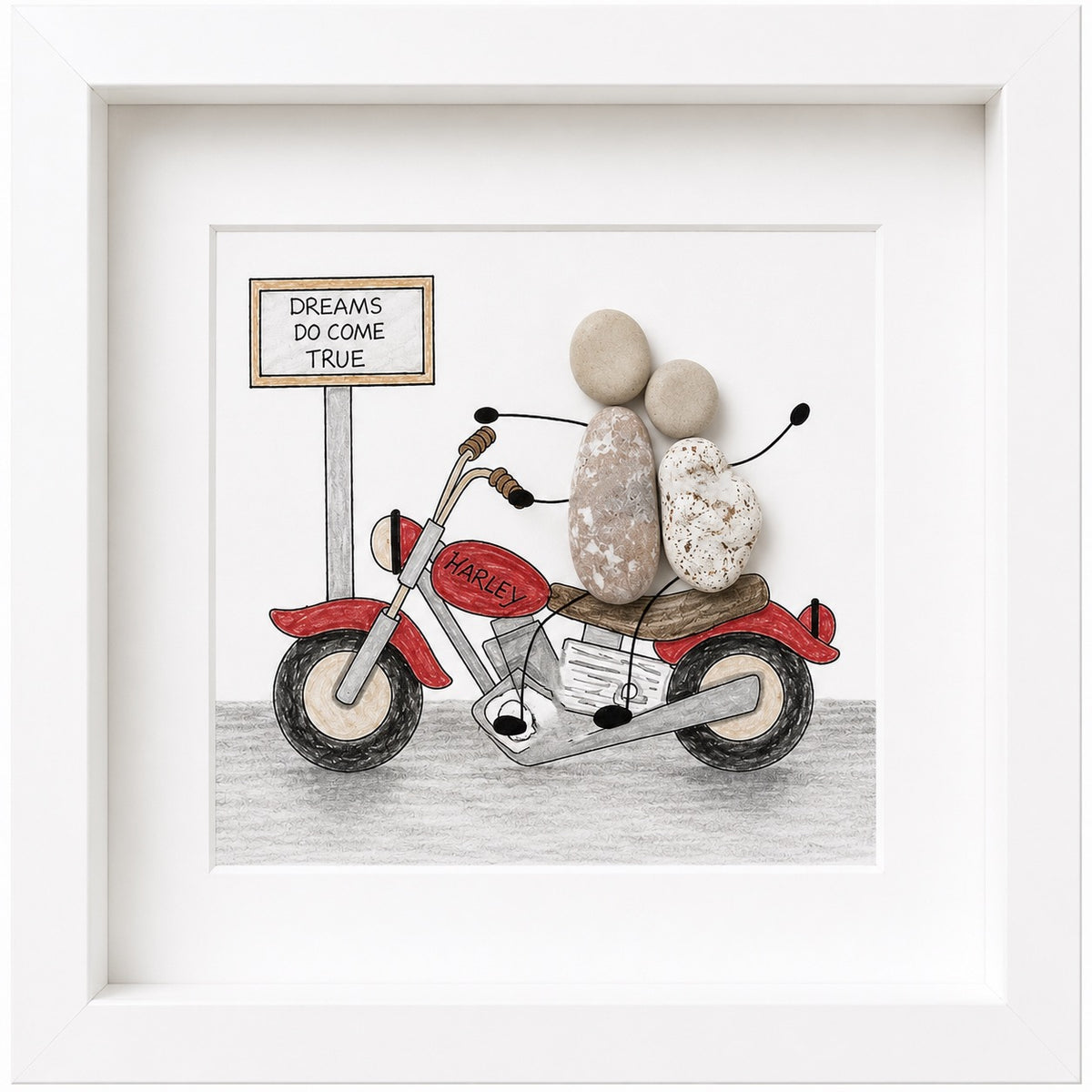 Kieselsteinbild Dreams do come true – Motorrad-Geschenk, handgemachtes Steinbild