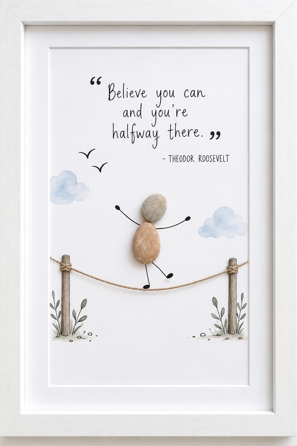 Kieselsteinbild Steinfigur balanciert auf einem Seil zwischen zwei Pfosten „Believe you can and you're halfway there. – Theodor Roosevelt" – motivierendes Geschenk mit Zitat, handgemachtes Steinbild