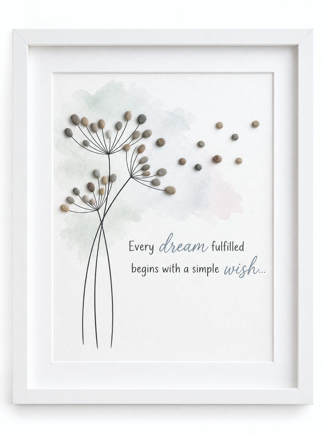 Kieselsteinbild Pusteblume aus Kieselsteinen im Wind „Every dream fulfilled begins with a simple wish..." – inspirierendes Geschenk für Träumer, handgemachtes Steinbild