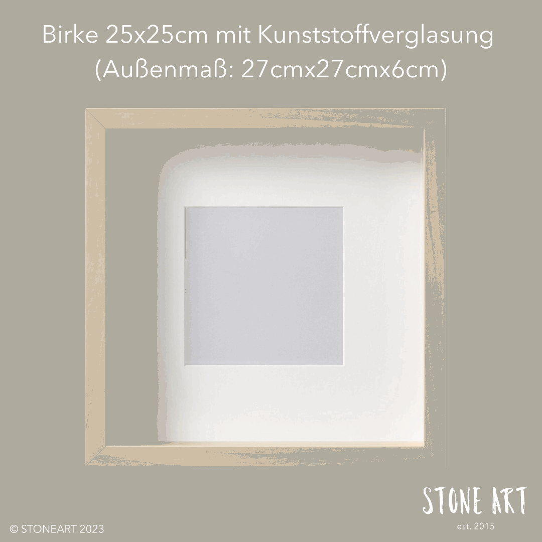 Birkefarbener Bilderrahmen mit den Maßen 25x25cm (Außenmaß: 27x27x6cm) und Kunststoffverglasung, ideal für besondere Geschenkideen von Stoneart2015.