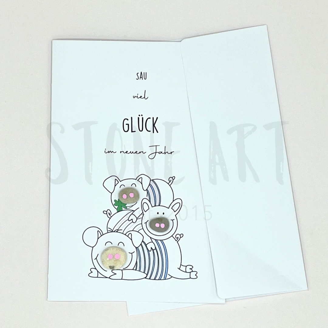 Neujahrskarte Sau viel Glück im neuen Jahr Steinkarte