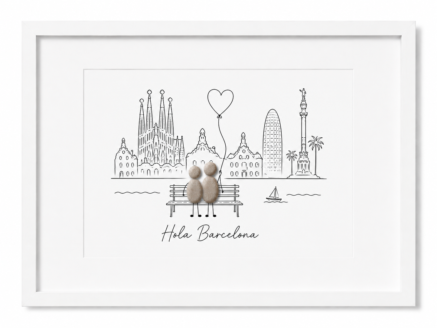 Kieselsteinbild Barcelona Skyline, Geschenk für Barcelona-Liebhaber, handgemachtes Steinbild