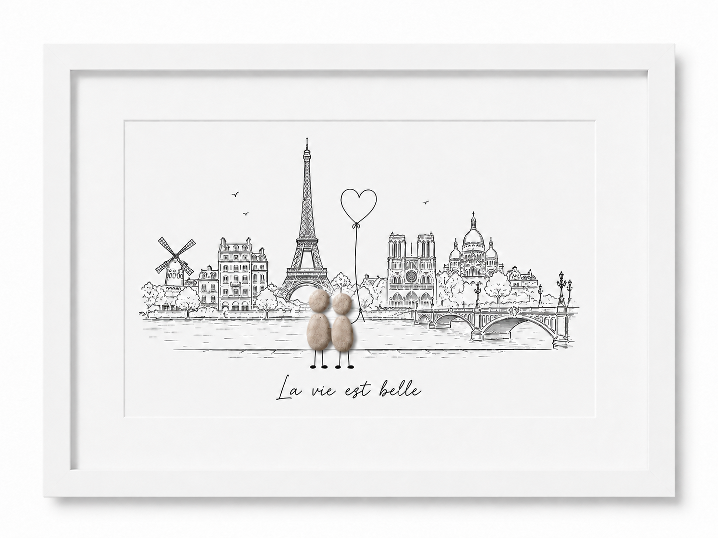 Kieselsteinbild Paris La vie est belle Windmuehle, Geschenk für Paris-Liebhaber, handgemachtes Steinbild