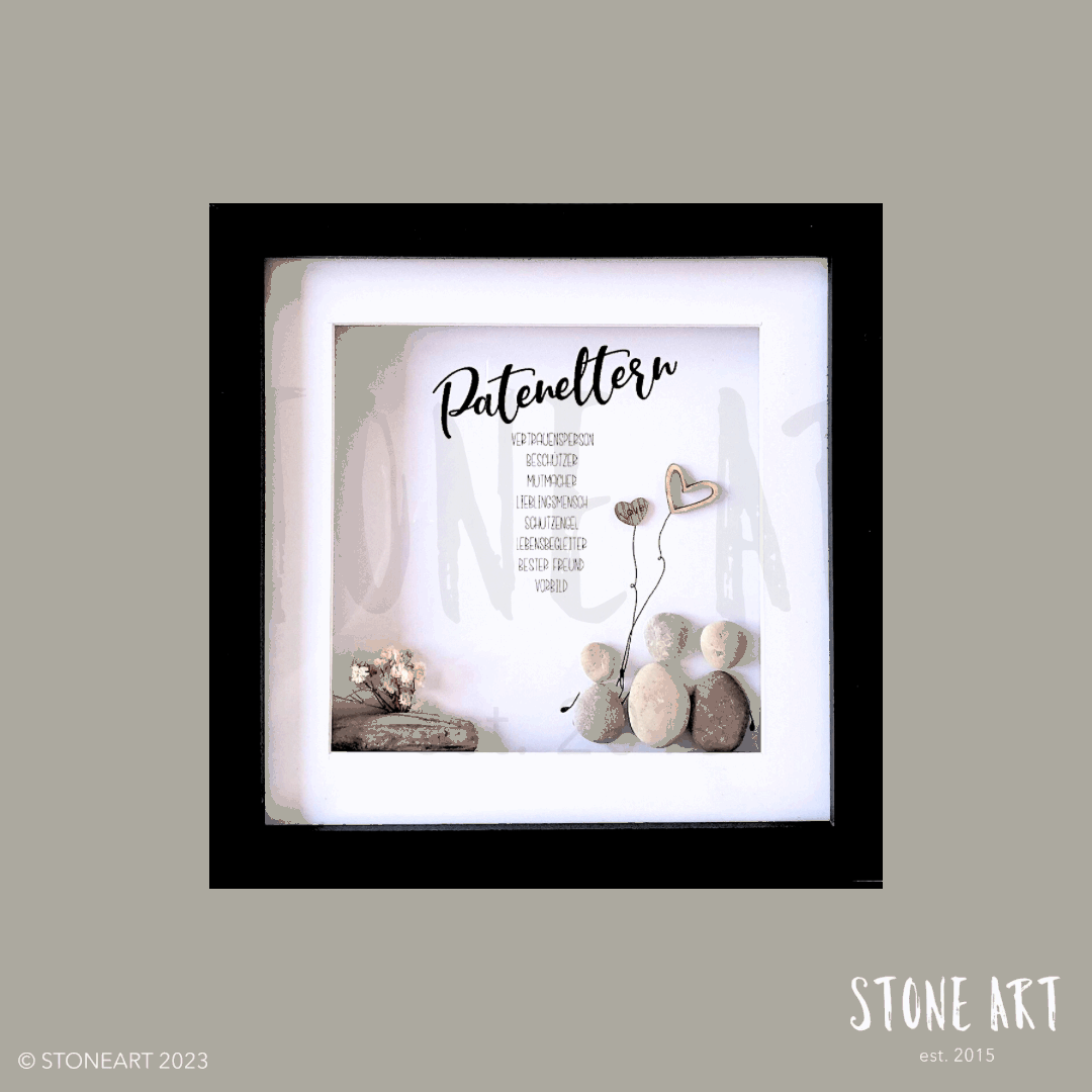 Handgefertigtes Steinbild mit der Aufschrift „Pateneltern“ – emotionale Geschenkidee zur Taufe für Patenonkel und Patentante.
