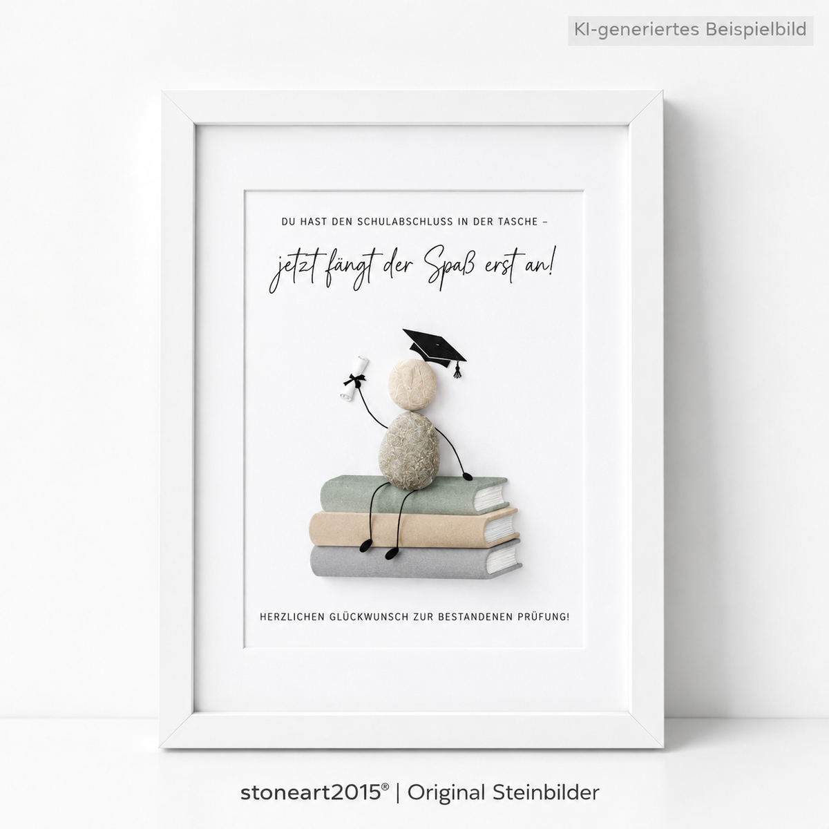 Kieselsteinbild Du hast den Schulabschluss in der Tasche – Geschenk zum Schulabschluss, handgemachtes Steinbild
