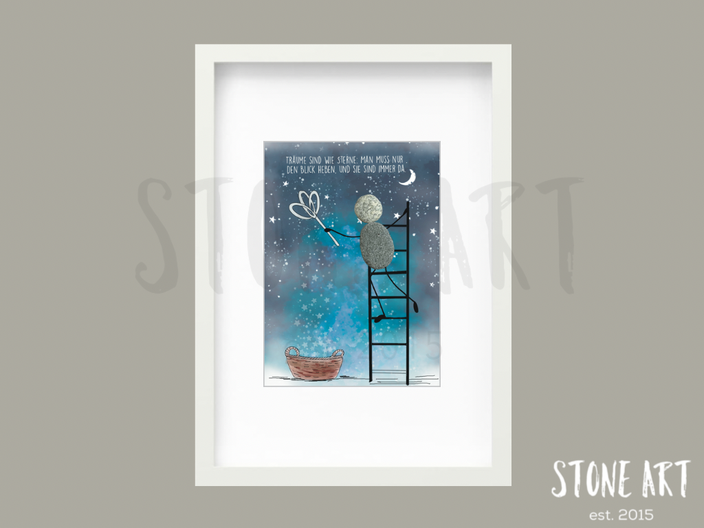 Steinbild „Träume sind wie Sterne“ im Bilderrahmen, handgefertigtes Kunstwerk mit inspirierender Botschaft, geeignet als Geschenk für Träumer und Visionäre.