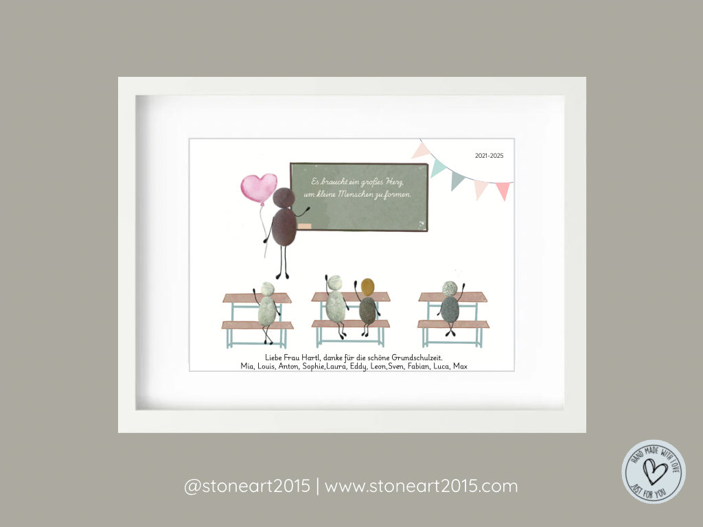 Handgemachtes Abschiedsgeschenk für Erzieherin – Steinbild mit Kindern, Tafel und dem Text „Es braucht ein großes Herz, um kleine Menschen zu formen.