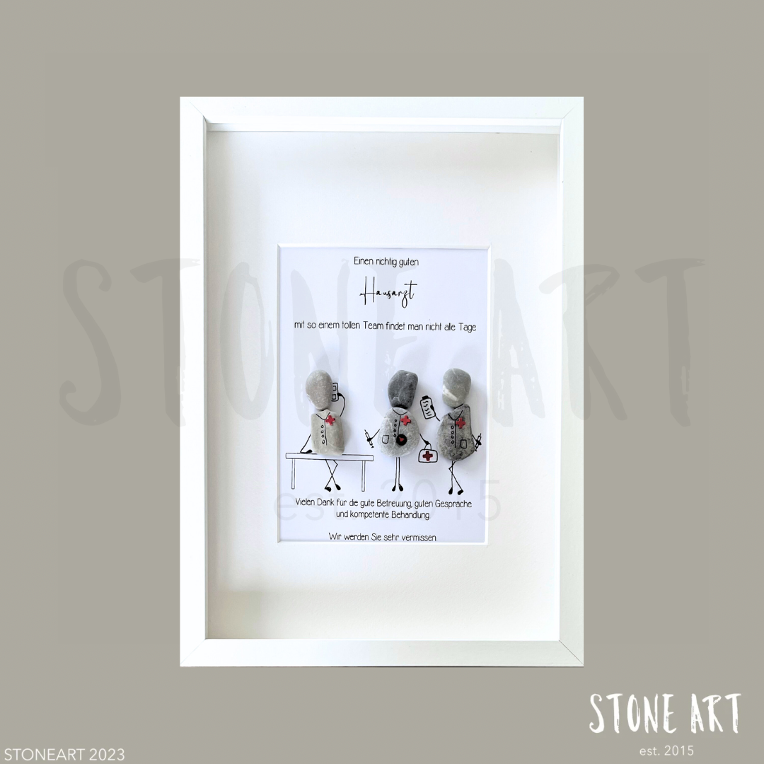 Steinbild als Geschenk für den Hausarzt. 3 Steinfiguren mit Arztkoffer, Spritze, Stethoskop