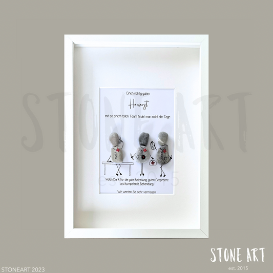Steinbild als Geschenk für den Hausarzt. 3 Steinfiguren  mit Arztkoffer, Spritze, Stethoskop