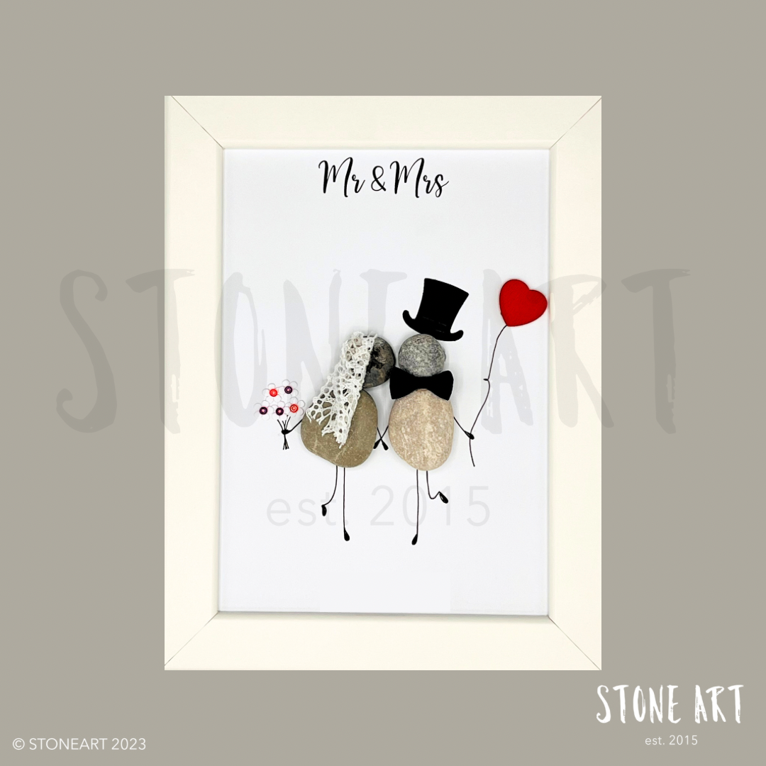 Handgemachtes Steinbild Mr & Mrs – Geschenk zur Hochzeit, Natursteine, personalisierbar