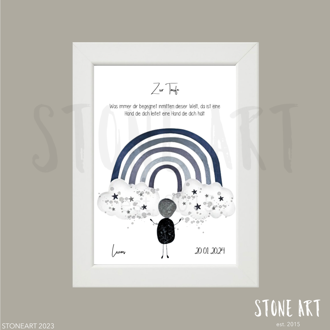 TAUF29-Steinbild zur Taufe - Was immer dir begegnet - Regenbogen blau. Besondere Geschenkidee zur Taufe