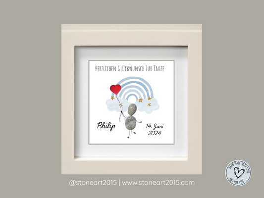 Handgemachtes Steinbild zur Taufe mit blauem Regenbogen und Schriftzug Herzlichen Glückwunsch zur Taufe – Geschenk für Jungen
