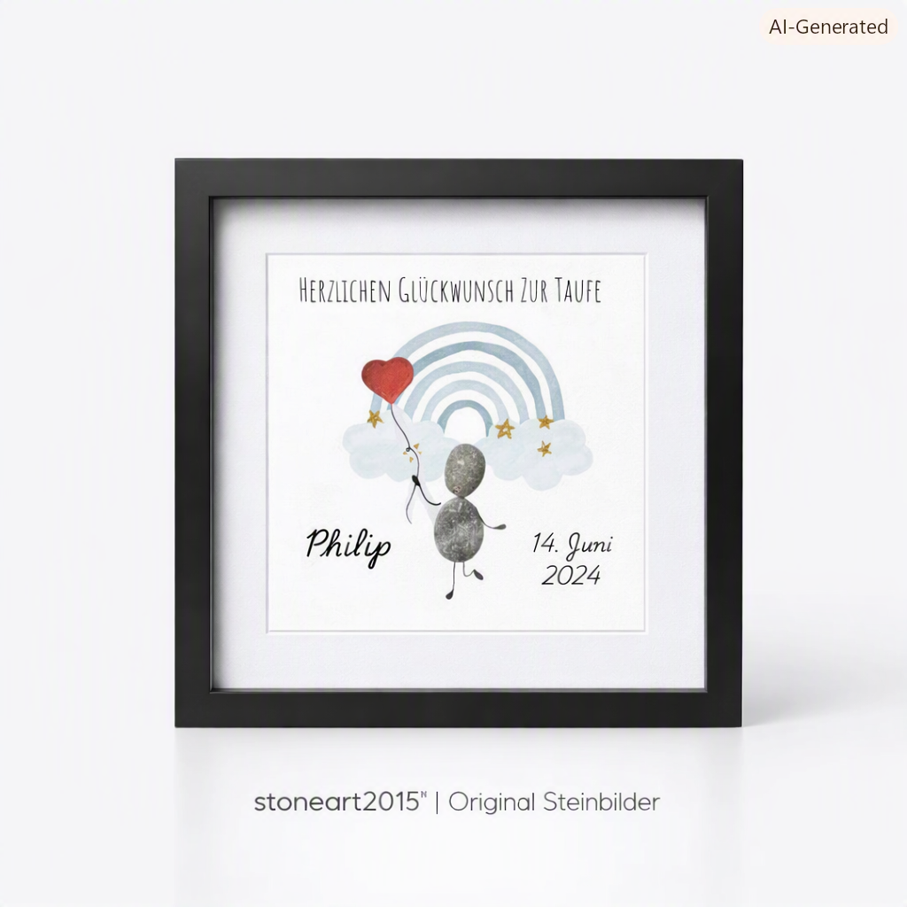 Handgemachtes Steinbild zur Taufe mit blauem Regenbogen und Schriftzug Herzlichen Glückwunsch zur Taufe – Geschenk für Jungen