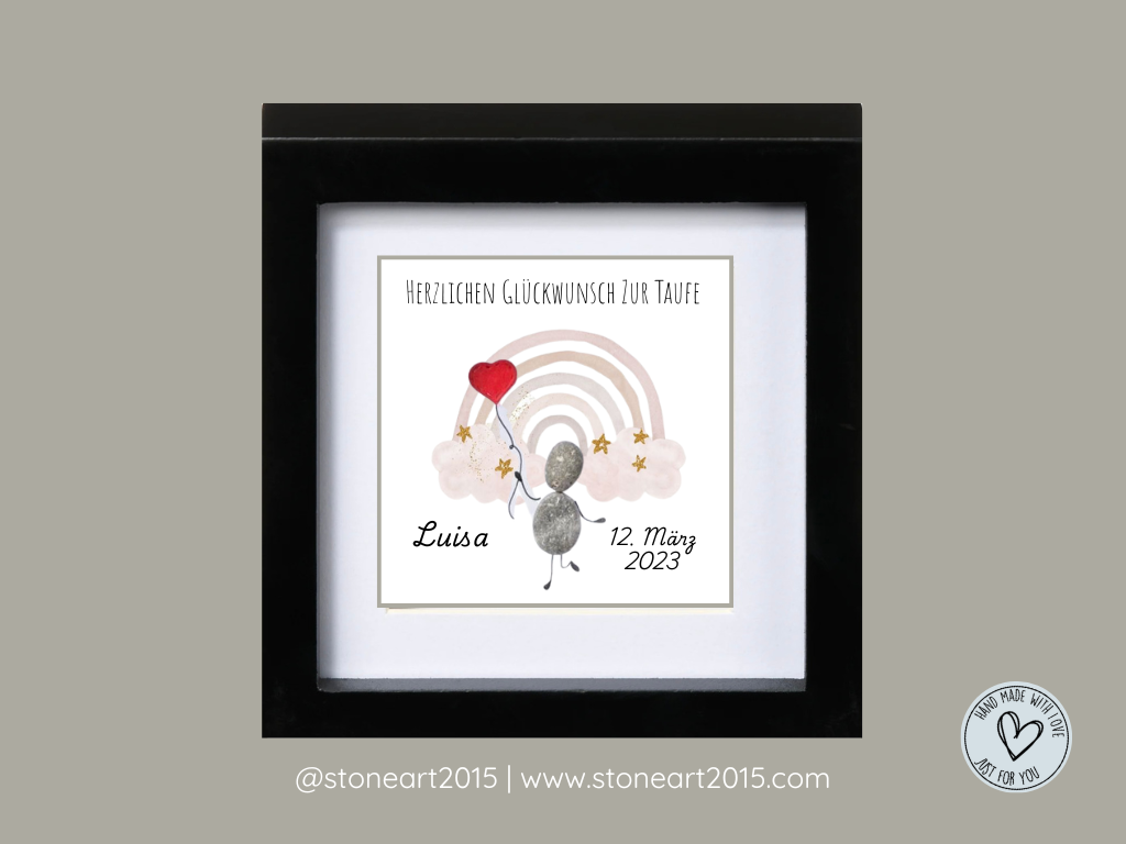 Handgemachtes Steinbild zur Taufe mit rosa Regenbogen und Spruch Herzlichen Glückwunsch zur Taufe – Geschenk für Mädchen