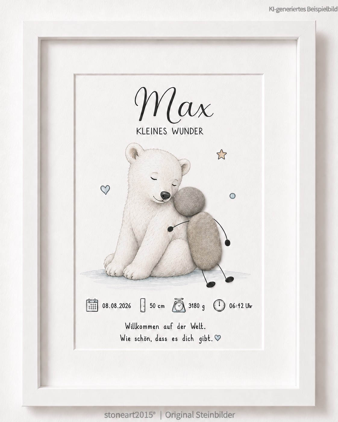 Kieselsteinbild Kleines Wunder Eisbär, Geschenk zur Geburt, handgemachtes Steinbild