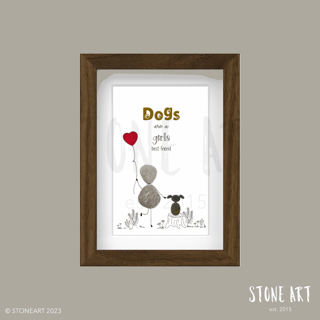 Handgefertigtes Steinbild mit dem Spruch „Dogs are a girl’s best friend“ – süße Deko und Geschenkidee für Hundefreundinnen.