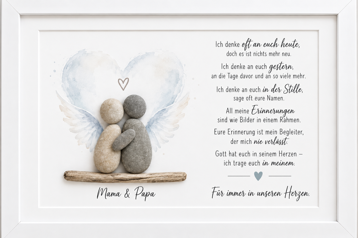 Kieselsteinbild Paar mit Engelsflügeln vor Herzflügeln, personalisierbar mit Namen, mit Gedicht „Für immer in unseren Herzen" – personalisierbares Trauergeschenk mit Gedicht, handgemachtes Steinbild